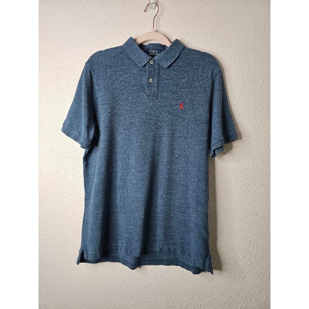 Polo Ralph Lauren Mens Classic Fit Blue Heathered Cotton Polo Shirt Large Preppy